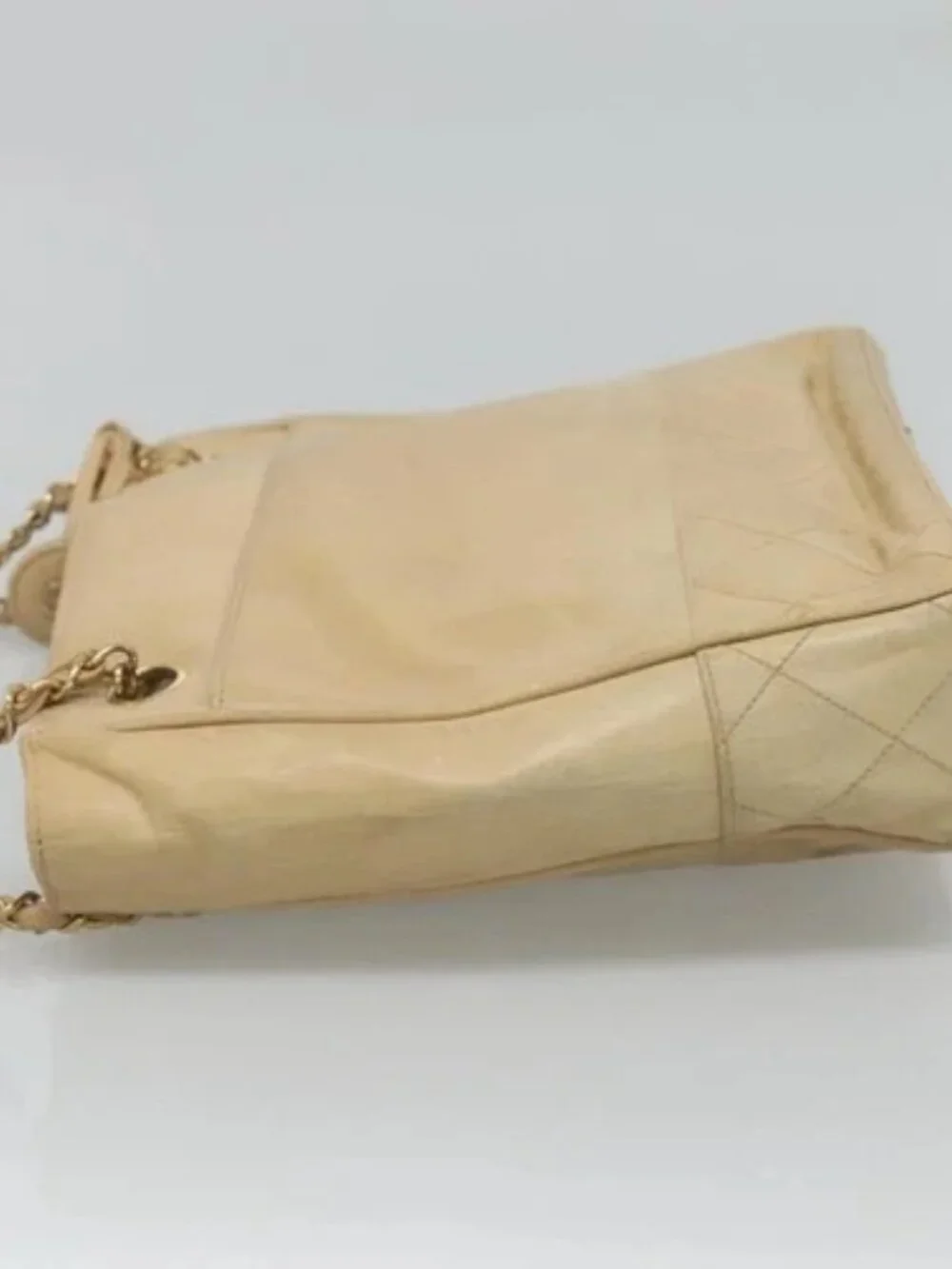 CHANEL Matelasse Chain Shoulder Bag Lamb Skin Beige CC Auth bs22414